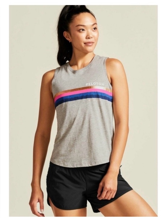 Peloton Tops - Peloton Gray Tank with Gold, Pink & Navy Stripe